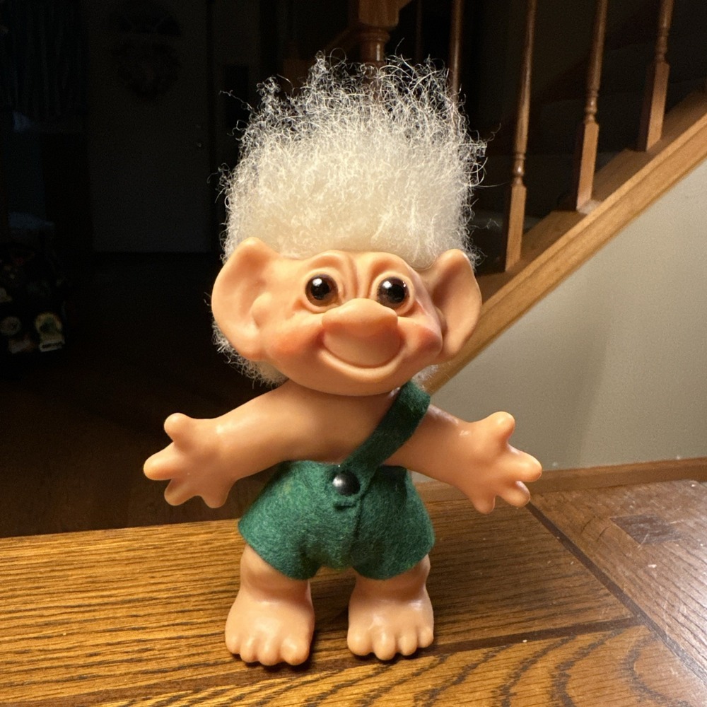 Vintage Thomas Dam Denmark Troll 6" Tall Plastic Figure. Wool Hair Glass Eyes
